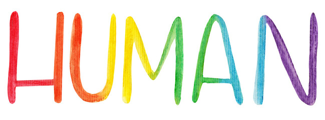 Watercolor word in rainbow lgbt colors. The inscription human is isolated on a white background, for the month of pride.