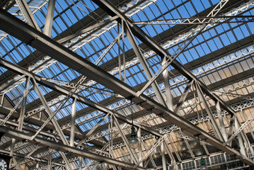 Pattern of Steel Roof Beams and Glass in Old Railway Station Building 