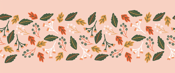 Seamless vector border autumn leaves berries. Repeating cute botanical floral repeating horizontal pattern brown green white berry nature shapes on pink. For cards, ribbon, footer, header, trim.