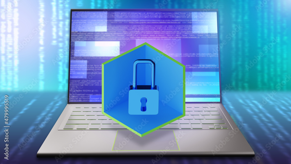 Poster computer security. caring for information security. laptop with padlock as symbol of network securit