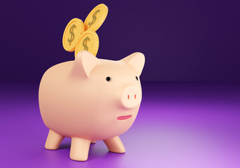 Pig piggy bank with coins. Gold money is falling into money box. Business income. Profit on bank deposit. Pension savings concept. Financial deposit. Volumetric piggy bank on purple. 3d rendering.