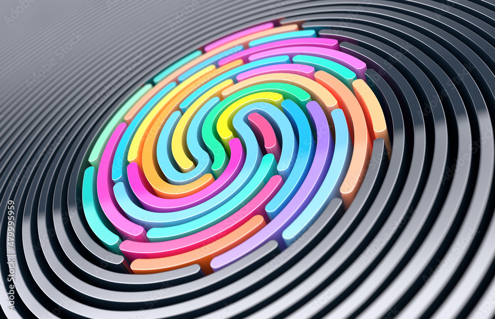 Poster 3d render abstract background of stylized fingerprint of smooth lines of spline gradient multicolor 
