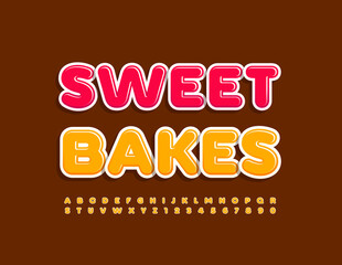 Vector business logo Sweet Bakes for Cafe, Bakery, Shop. Yellow bright Font, Modern Alphabet Letters and Numbers 