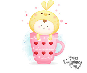 Valentine day with cute baby bird in decorative mug