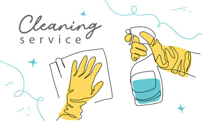 Two hands in yellow gloves holdind sprayer and rag. Cleaning service vector background. One continuous line art drawing banner, poster for cleaning business