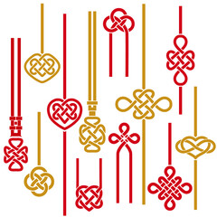 Chinese braid and stripes . Red and gold template symbols, knots - heart, flower, infinity, double coin. Ethnic ornament .Trendy print for design. Vector set.
