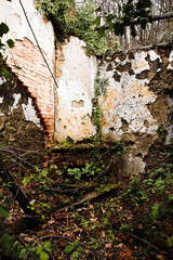 Stone house interior with abandoned fireplace, rural depopulation concept
