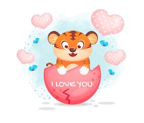 Happy valentine's day with cute tiger inside decorative egg with many hearts cartoon character