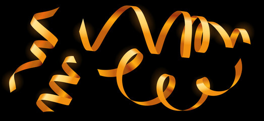 Vector set of holiday golden curled ribbon on black color background. Creative realistic style design of golden ribbon