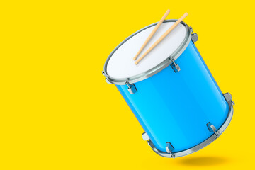 Fototapeta na wymiar Realistic drum and wooden drum sticks on yellow. 3d render of musical instrument