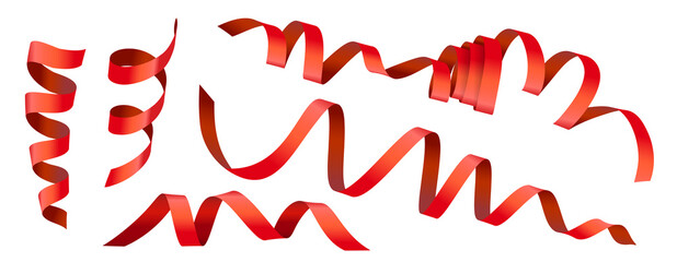 Vector set of holiday illustration of romantic curled red ribbon isolated on white color background. Creative realistic style design of curled red ribbon