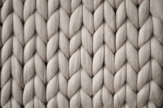 Light grey knitted background. Woolen fabric with pattern of braids. Neutral background of drawing. © elenatkacheva