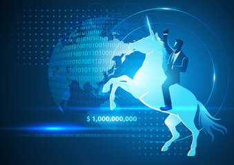 Businessman riding a unicorn on futuristic background © rudall30