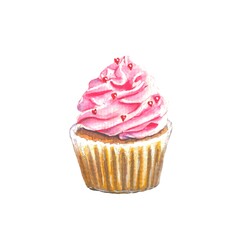 Cupcake With Hearts. drawn watercolor pink cupcakes.