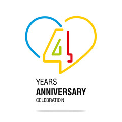 Anniversary 4 years decoration number four bounded by a loving heart colorful modern love line design logo icon white isolated vector illustration