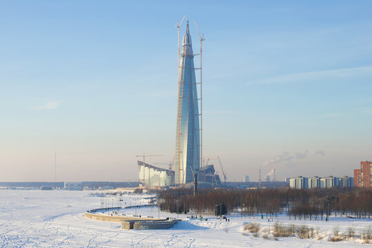 ST PETERSBURG, RUSSIA - FEBRUARY 08, 2018: View of the construction of the Lakhta Center skyscraper. The northernmost and tallest skyscraper in Europe and Russia