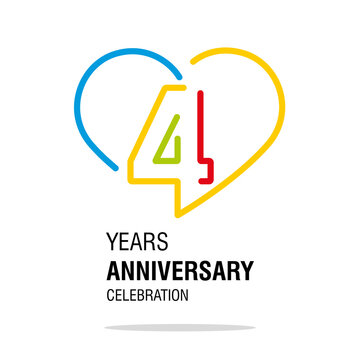 Anniversary 4 years decoration number four bounded by a loving heart colorful modern love line design logo icon white isolated vector illustration