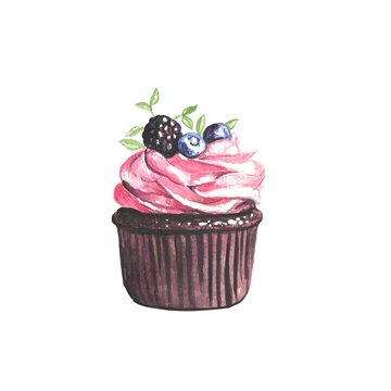 Chocolate cake with fresh blueberries, blackberries and cream, painted with watercolor. Hand-drawn illustration.