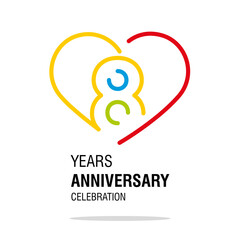 Anniversary 8 years decoration number eight bounded by a loving heart colorful modern love line design logo icon white isolated vector illustration