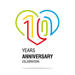Anniversary 10 years decoration number ten bounded by a loving heart colorful modern love line design logo icon white isolated vector illustration