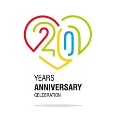 Anniversary 20 years decoration number twenty bounded by a loving heart colorful modern love line design logo icon white isolated vector illustration