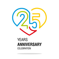 Anniversary 25 years decoration number twenty five bounded by a loving heart colorful modern love line design logo icon white isolated vector illustration