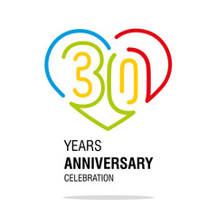 Anniversary 30 years decoration number thirty bounded by a loving heart colorful modern love line design logo icon white isolated vector illustration
