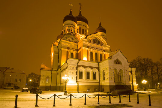 TALLINN, ESTONIA - MARCH 08, 2018: Alexander Nevsky Orthodox Cathedral on a March late evening