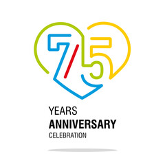 Anniversary 75 years decoration number seventy five bounded by a loving heart colorful modern love line design logo icon white isolated vector illustration