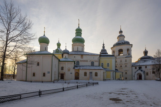 Temples of the ancient Cyrillo-Belozersky monastery on December evening. Kirillov. Vologda region, Russia