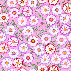 Fototapeta na wymiar pink candy cosmos floral pattern. flower pattern. purple pink red flowers pattern. good for fashion, wallpaper, fabric, dress, etc.