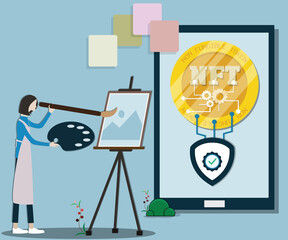 Flat design of digital technology,Young girl creating NTF  - vector