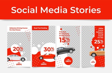 Driving course social marketing media stories landing page set vector flat illustration