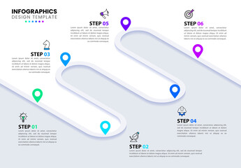 Infographic template with icons and 6 options or steps. Road