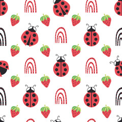 Cute ladybird, dotted rainbow, strawberry seamless vector pattern background.Ladybugs with strawberries and rainbows on white backdrop. Fun gender neutral design for kids. Happy repeat for summer.