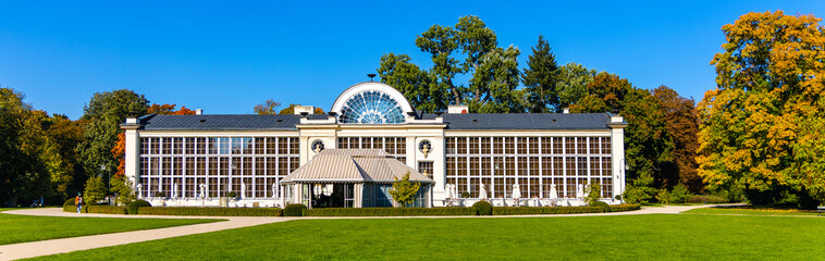 Historic New Orangery pavilion Nowa Pomaranczarnia in Royal Lazienki Krolewskie park in Ujazdow...