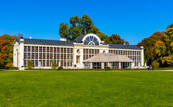 Historic New Orangery pavilion Nowa Pomaranczarnia in Royal Lazienki Krolewskie park in Ujazdow district of Warsaw in Poland
