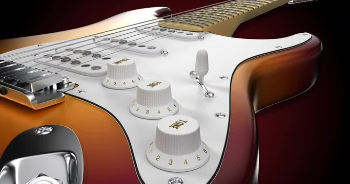 Sunburst Electric Guitar Instrument Rotating Slowly. Macro Shot. Art And Entertainment Related 4K 3D Motion Graphics.