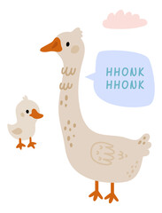 Goose talking. Cute farm animal making hhonk sound