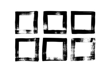 Vector handdrawn squares, drawing frames isolated on white background. Bold brush strokes frames. Set of black square shapes. Dirty grunge geometric shapes, borders or templates for text.