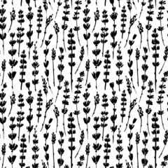 Dekokissen Silhouette Wiese Blumen Musterdesign. Handgezeichnete abstrakte Lavendelblütenverzierung. Botanische schwarze Tintenvektorillustration. Retro-Design für Textilien, Packpapier, Tapetendesign © Анастасия Гевко