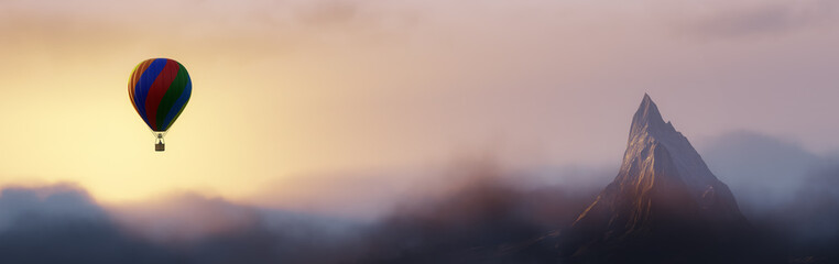 Dramatic Mountain Landscape covered in clouds. Sunset or Sunrise Colorful Sky. Hot Air Balloon Flying. 3d Rendering Adventure Dream Concept Artwork.