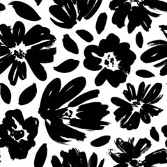 Photo sur Plexiglas Noir et blanc Modèle sans couture de dessin floral uni. Silhouettes de fleurs noires en fleurs. Motif botanique élégant composé de fleurs printanières. Tissu dessiné à la main, emballage cadeau, design mural. Ornement nature pour textile