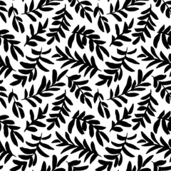 Cercles muraux Noir et blanc Modèle sans couture avec des feuilles noires. Silhouettes de brindilles dessinées à la main vectorielles. Motif végétal abstrait avec feuillage. Motif tropical, feuilles de palmier fond floral vectorielle continue. Texture ornementale de branche.