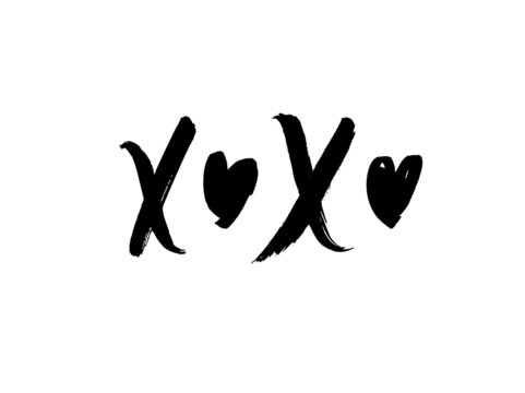 XOXO hand written phrase with hearts isolated on white background. Hugs and kisses vector sign. Grunge brush lettering XO. Greeting card template for Valentine’s day, wedding and birthday.