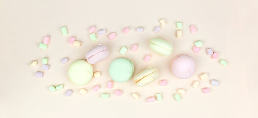 Colorful macaroons marshmallow, Tasty sweet color macaron, Bakery concept. Selective focus.