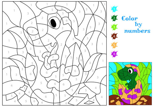 A small dinosaur looks out of an egg. We paint by numbers. Coloring book. Educational puzzle game for children.