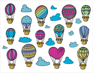 Doodle set of hot air balloons with clouds. Colorful hand draw illustration flying vehicles. Romantic balloons. Sky with tourist balloons for flight. Cartoon style