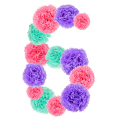 Number 6 from pastel paper flowers. Creative font concept. Unique collection of numbers. Children's birthday, date or anniversary creative idea.