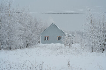 Grey rural wooden house and trees around covered with snow